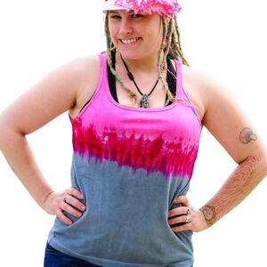 Womens Top Size Large Tie Dye Pink Gray Handcrafted Tank Outdoor Hippy Hiking